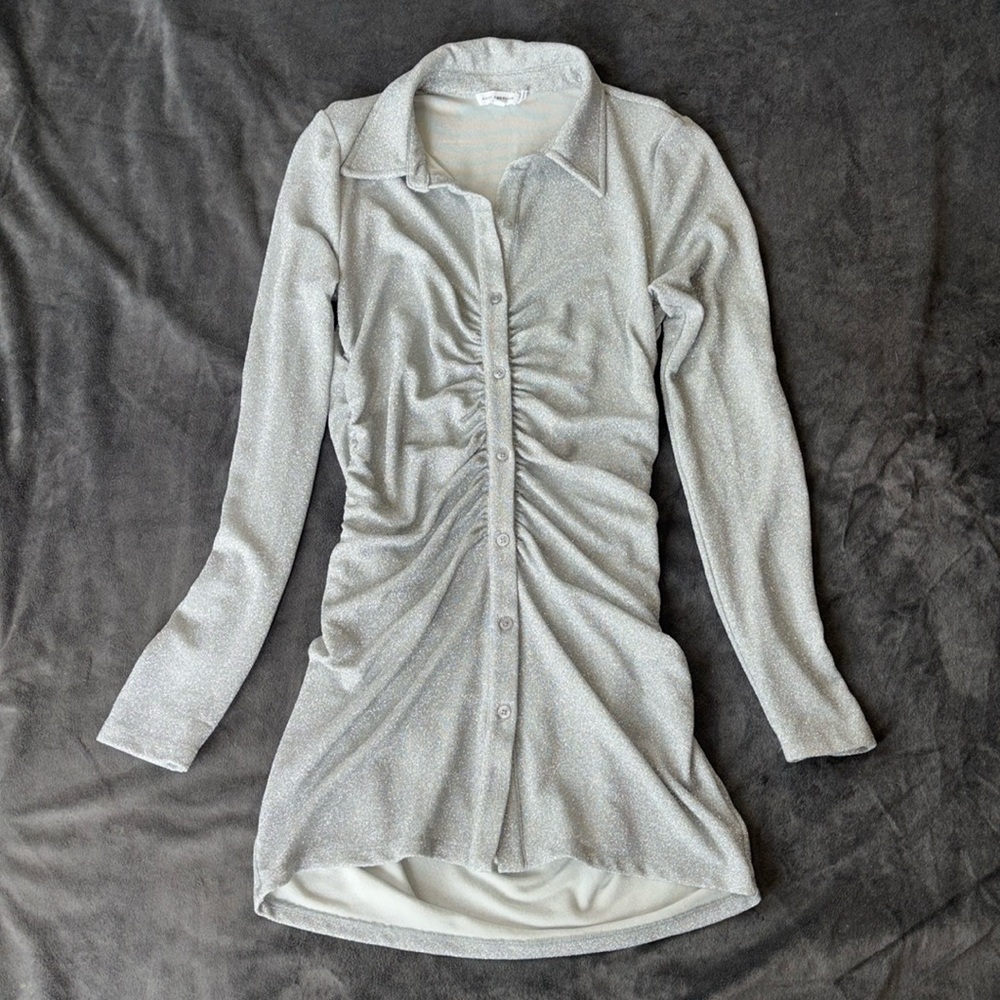Sparkly silver ruched button-down dress